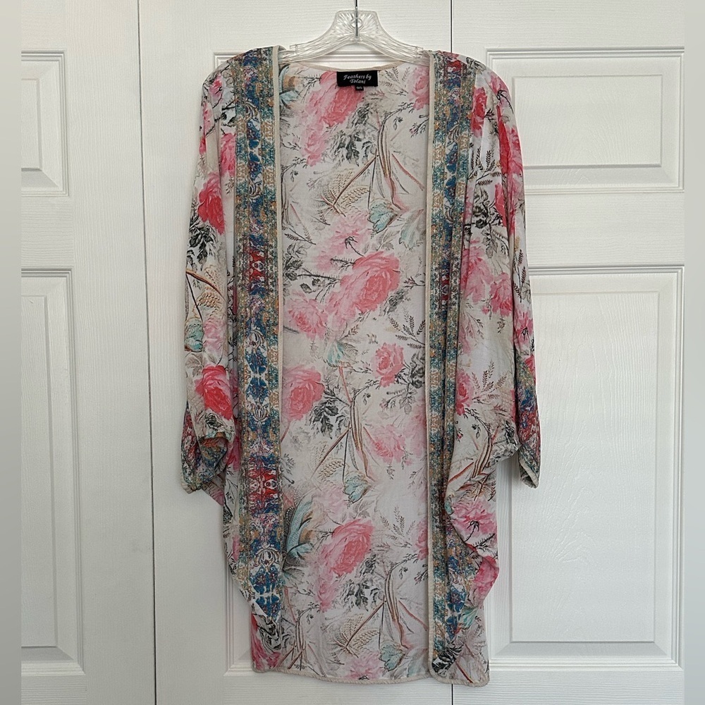 Feathers by Tolani Kimono - Floral Kimono with Multicolor Trim - One Size